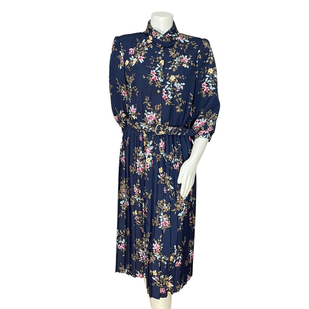 Vintage Floral Dress Pleated Skirt 1990s Midi Retro Navy Blue Unique Collar